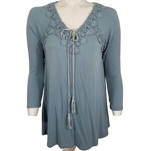 Annabelle Blue Tunic Lace UP Crochet NECKLINE Size small